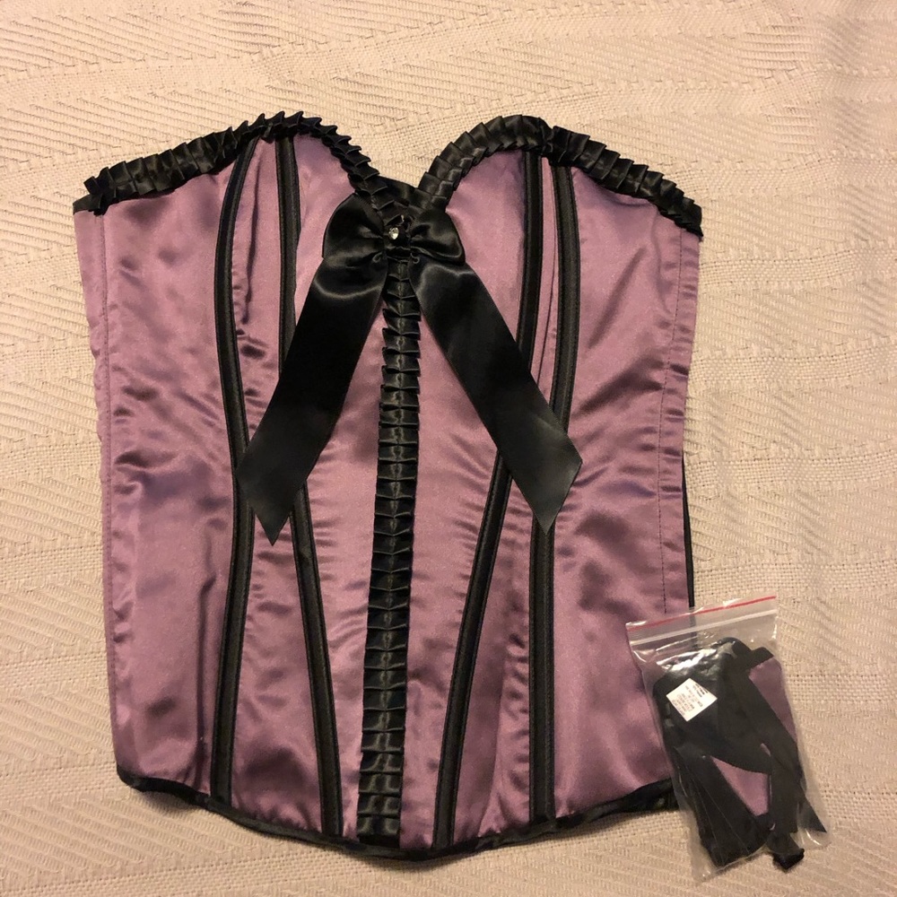 Purple satin-like corset w/ accessories/ thong included